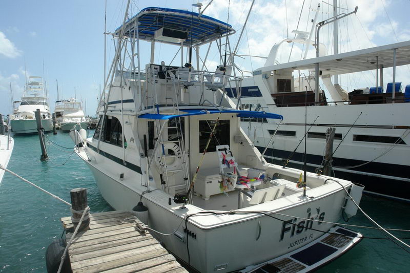 Bertram 34 sportfisher docked stern-to at the Isla Mujeres marina with rods rigged and tuna tower beside other yachts
