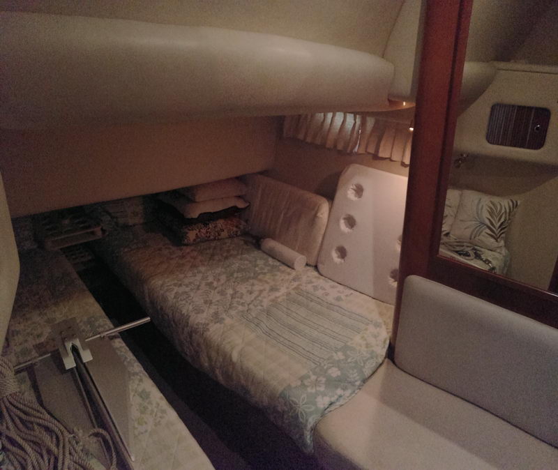 Aft sleeping cabin of SeaRay 41 flybridge yacht with comfortable V-berth bed and storage cabinetry aboard Cancun charter