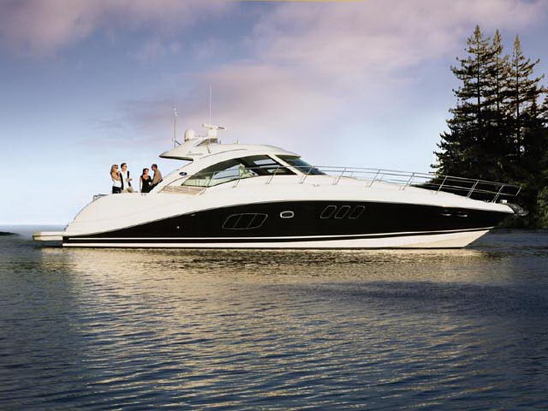 Sea Ray 55 ft luxury motor yacht with sporty black hull anchored on calm Caribbean water, guests enjoying the deck" loading="lazy" decoding="async"></p>Cancún