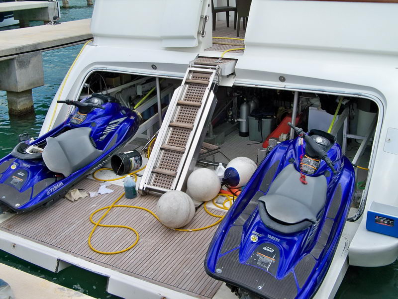 Two Yamaha 1800cc waverunner jet skis stored in the aft garage of the Azimut 100 ft luxury mega yacht Cancun