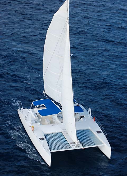 Overhead aerial of a white sailing catamaran moving through deep blue water with its mainsail raised, twin blue shade canopies over the cockpit and a light mesh trampoline forward leaving a slight wake. No passengers clearly visible.