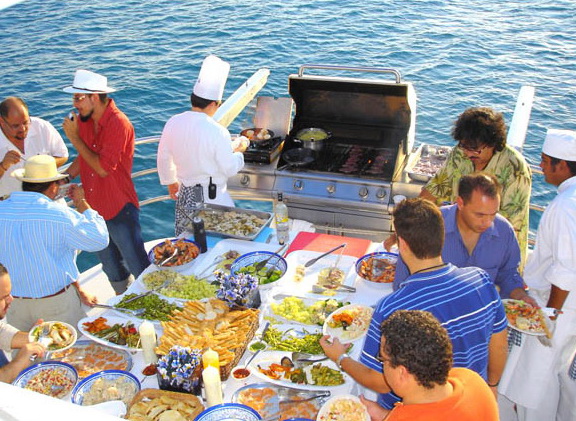 Catering food served on board Catamaya catamaran Caribbean cruise Puerto Aventuras Mexico