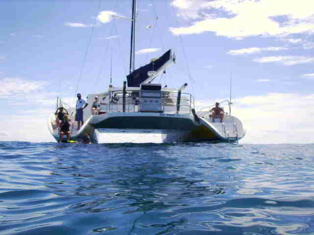 Catamaya catamaran bow view at Puerto Aventuras marina Riviera Maya sailing charter