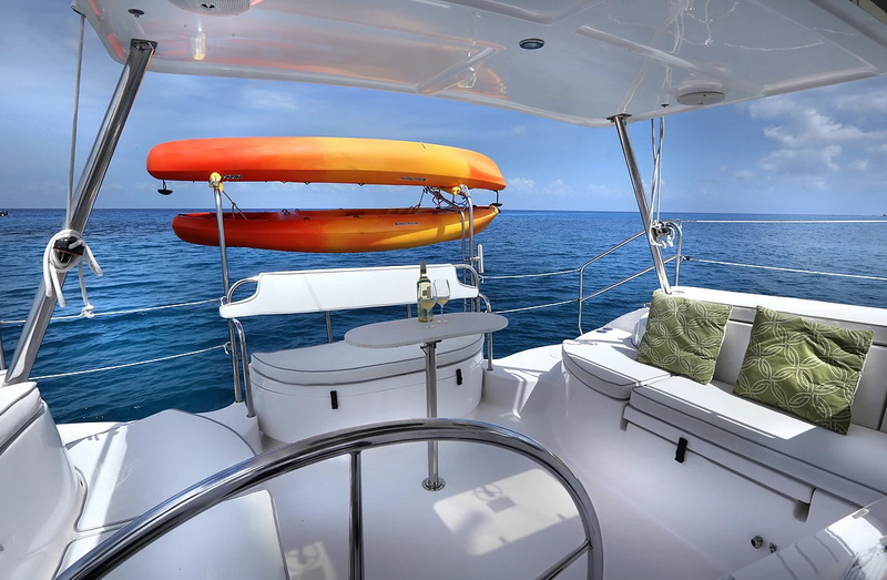 Gemini catamaran deck set for snorkeling at the Paraiso Reef off Cozumel Island