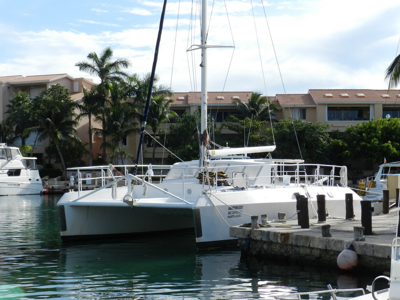White twin-hull sailing catamaran moored alongside a marina dock, palm trees and tan condo buildings in the background under a partly cloudy sky. Trampoline deck and railings visible, calm reflective water in foreground.