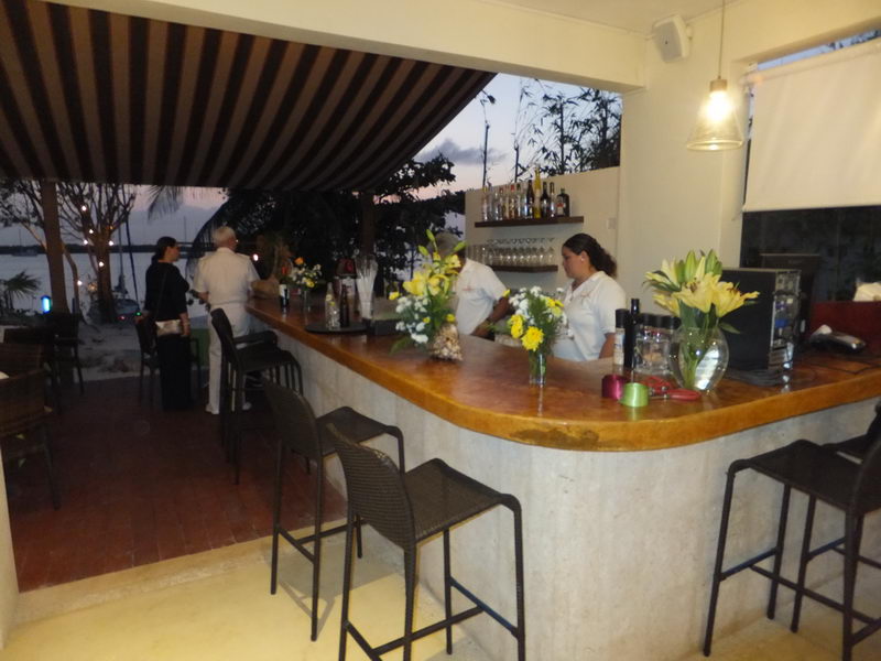 Outdoor waterfront bar at dusk with a polished counter, high stools, fresh flower arrangements and a female bartender. Striped awning overhead, a liquor shelf behind and guests near the water in the background.