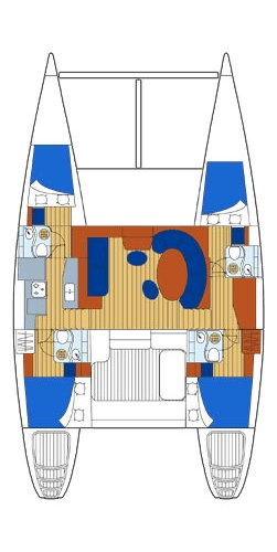Line-drawing deck/accommodation plan of a Lagoon 47 catamaran seen from above, showing the two hulls with cabins and heads in blue, the central saloon and galley, and berths marked in blue and wood tones. Schematic diagram, not a photo.