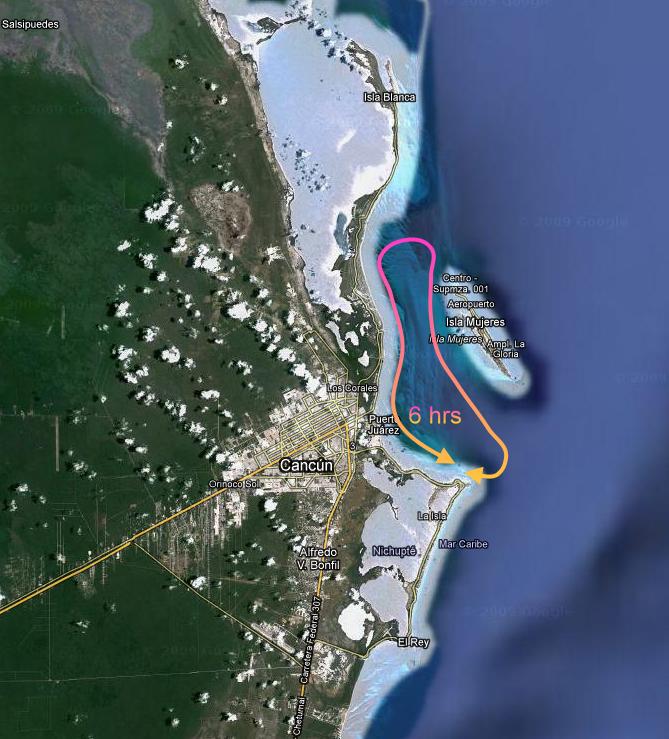 Google Earth satellite map of the Cancun and Isla Mujeres area with a pink-and-orange looped route line labeled 6 hrs, showing Puerto Juarez, Cancun and Isla Mujeres.