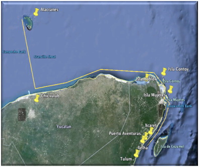 Google Earth satellite map of the Yucatan peninsula with yellow pin markers and route lines linking Alacranes, Chicxulub, Isla Contoy, Isla Mujeres, Puerto Aventuras, Xcaret and Tulum.