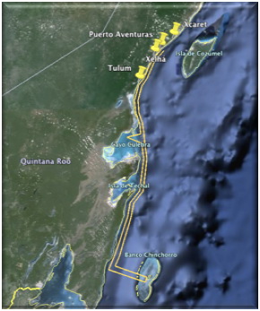 Tall Google Earth satellite map of the Quintana Roo coast with a yellow route running from Puerto Aventuras, Xcaret and Tulum south to Banco Chinchorro.