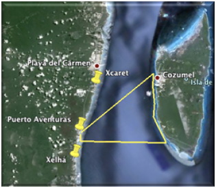 Google Earth satellite map of the coast between Playa del Carmen, Puerto Aventuras and Cozumel with a yellow triangular route linking the mainland pins to Cozumel.