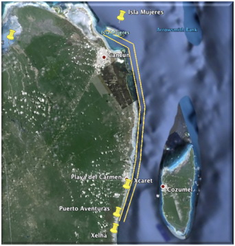 Google Earth satellite map of the coast from Isla Mujeres and Cancun down past Playa del Carmen, Xcaret and Puerto Aventuras with a yellow route line and pins along the shore.