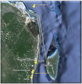Google Earth satellite map from Isla Mujeres and Cancun south to Playa del Carmen, Xcaret, Puerto Aventuras and Cozumel, with a yellow route line connecting the pinned stops.