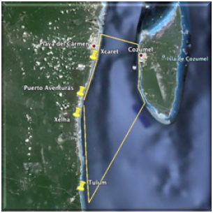 Google Earth satellite map of the coast around Playa del Carmen, Xcaret, Puerto Aventuras, Xelha and Tulum with a yellow route line looping out to Cozumel island.