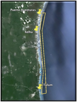 Google Earth satellite map of the coast from Puerto Aventuras past Xelha down to Tulum, with yellow pins and a highlighted near-shore route corridor.
