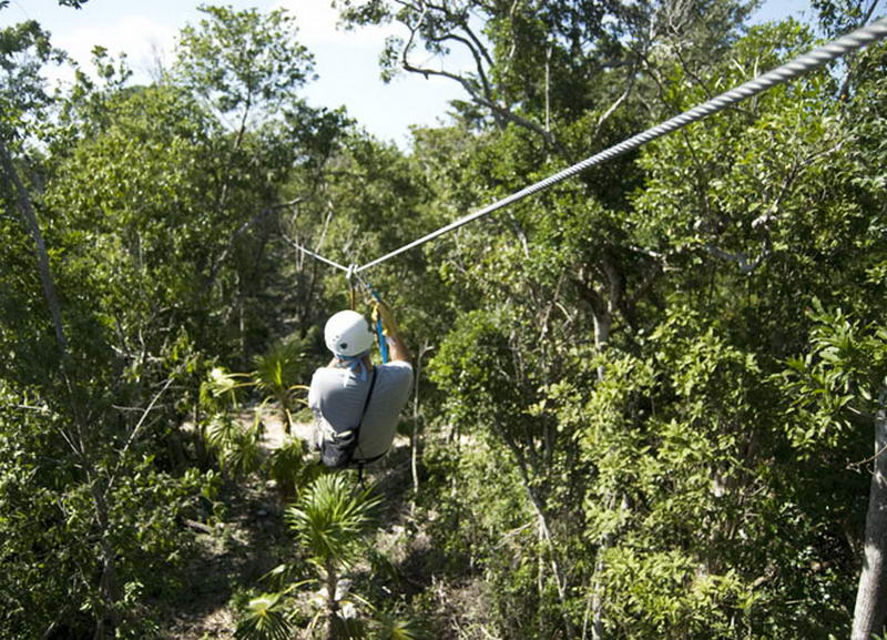 Rear view of a person in a white helmet zip-lining across a valley of green jungle, gripping the cable, with palms and trees below.