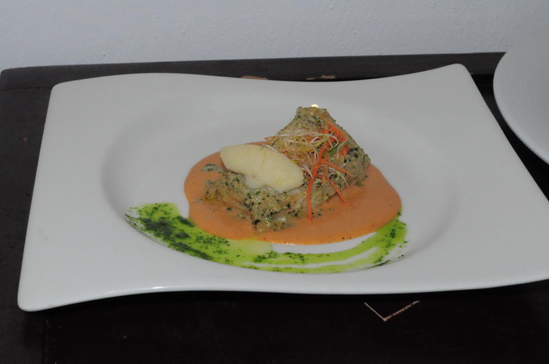 Plated main course on a large square white plate: a fish fillet topped with a white quenelle, sprouts and julienned carrot, sitting in orange-pink sauce with a bright green herb-oil swirl. Fine-dining presentation on a dark table.