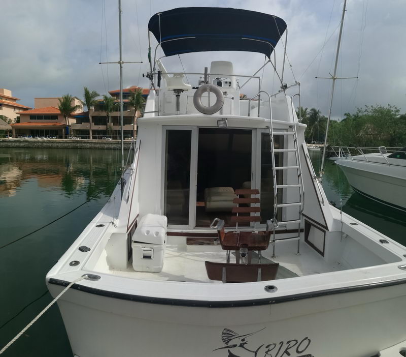 Stern view of the sportfishing yacht 'Biro' moored in a marina, showing the open cockpit with a teak fighting chair, coolers, a bimini-topped flybridge and a boarding ladder. Marina buildings and cloudy sky behind on green water.
