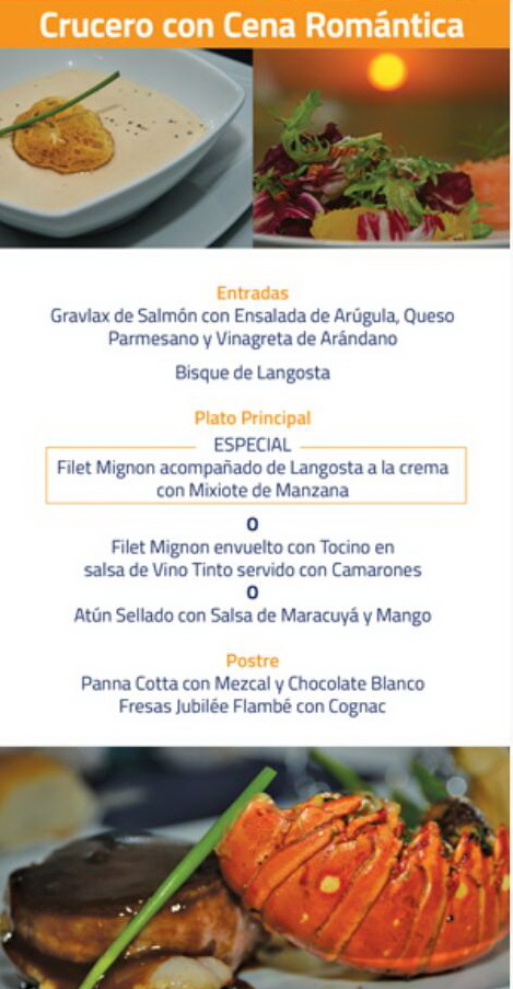 Promotional flyer in Spanish titled 'Crucero con Cena Romántica' showing a romantic dinner cruise menu: appetizers, filet mignon and lobster main courses and desserts, with photos of a soup, a salad and a lobster-tail plate.