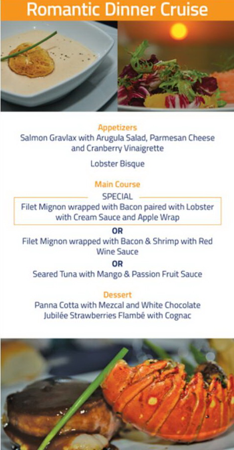 Promotional flyer in English titled 'Romantic Dinner Cruise' listing the menu — salmon gravlax, lobster bisque, filet mignon with lobster, seared tuna, panna cotta — with photos of plated dishes and a lobster tail.