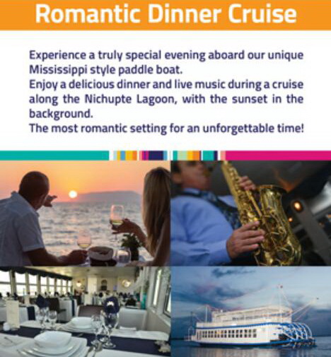 English flyer for a Romantic Dinner Cruise aboard a Mississippi-style paddle boat on the Nichupte Lagoon, with a photo collage: couple toasting at sunset, saxophone player, set dining room and the illuminated paddle boat at dusk.