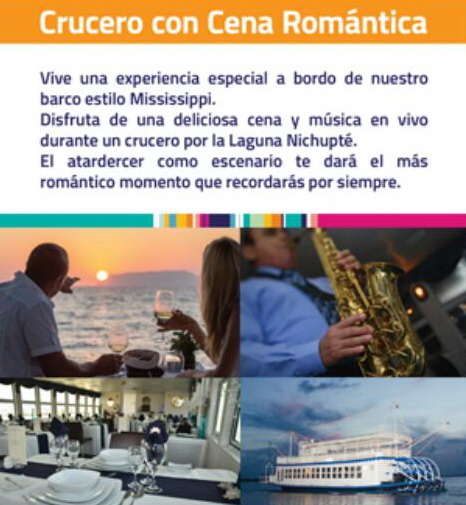 Spanish version of the Romantic Dinner Cruise flyer describing an evening aboard a Mississippi-style boat on the Nichupte Lagoon, with the same photo collage of a couple at sunset, saxophonist, dining room and paddle boat.