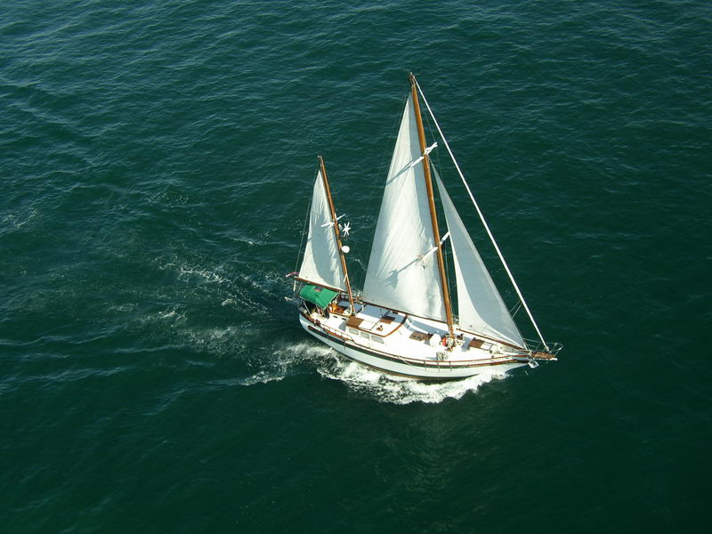 Aerial view of a classic white ketch under full white sails cutting through dark green sea, wooden masts, green bimini over the cockpit and teak deck details visible from above.