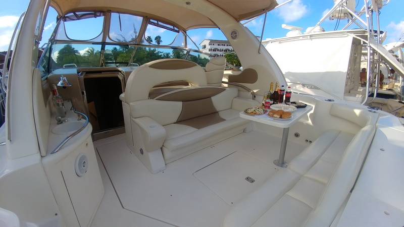Cockpit of an express cruiser under clear bimini with tan and cream helm seats, small table with snack plates and soft drinks, wet bar with sink and liquor bottle, marina and palm trees behind.